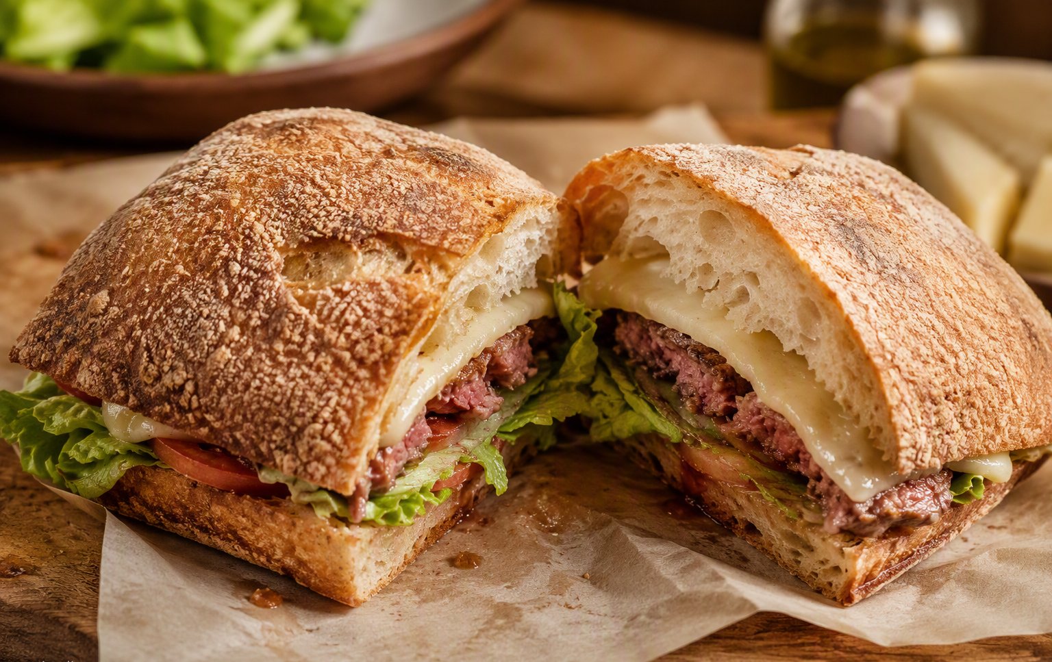 Ciabatta con hamburger di manzo, pancetta e pecorino